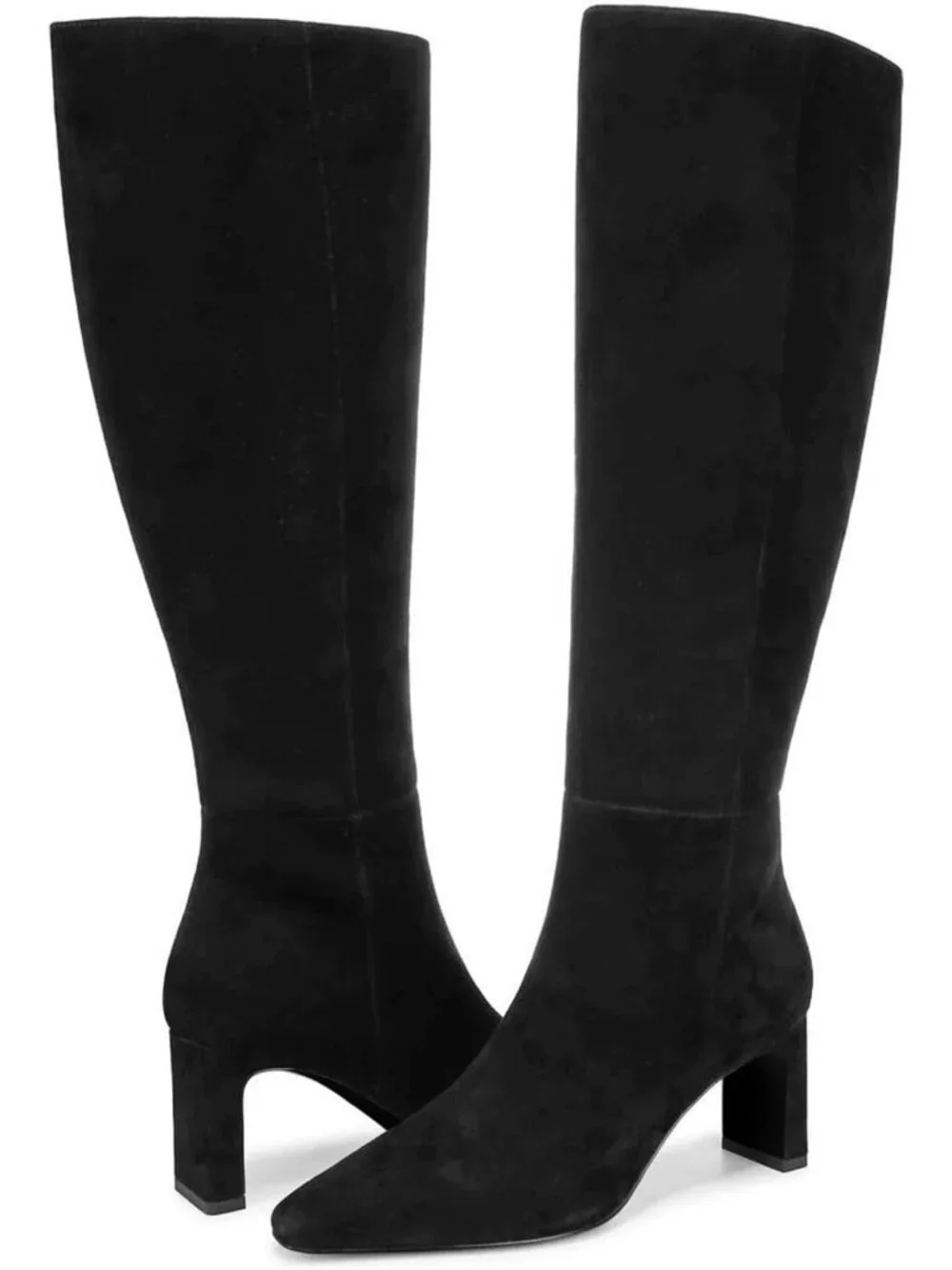 Women's Black Chunky Heel Pointed Toe Faux Suede Side Zipper Knee High Boots